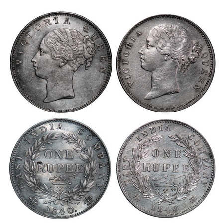 Victoria Queen, Silver, Rupee, (2 coins), 1840, 1) CL, Bombay Mint, A/I, 2) DL, Calcutta m