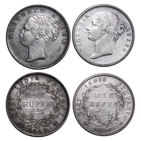 Victoria Queen, Silver, Rupee, 1840, (2 coins), 1) CL, Bombay Mint, A/I, English Head, Wit