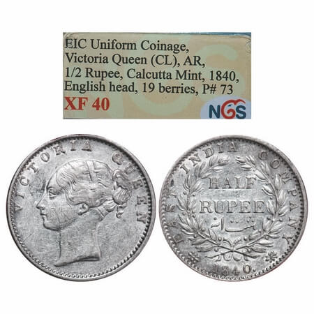 Victoria Queen, Silver, Half Rupee, 1840, CL, Calcutta Mint, A/I, Wreath with 19 Berries (