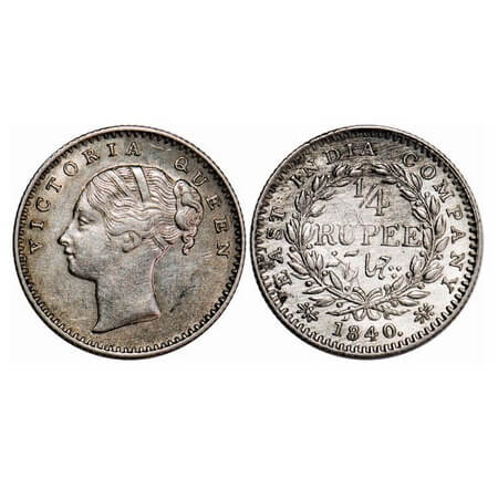 Victoria Queen, Silver, 1/4 Rupee, 1840, CL, Calcutta Mint, A/I. F. Prid 98. GK 124. Extre