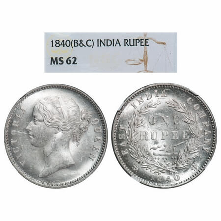 Victoria Queen, Silver, Rupee, 1840, DL, Calcutta Mint, W.W. Raisd, Wreath with 28 Berries