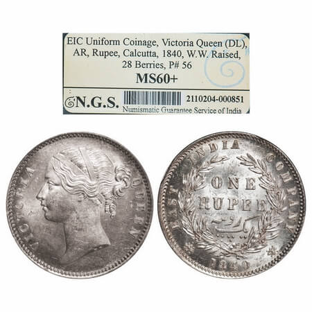 Victoria Queen, Silver, Rupee, 1840, DL, Calcutta Mint, W.W. raised, Wreath with 28 Berrie