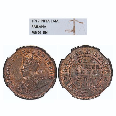 Sailana, Copper ¼ Anna, Jaswant Singh (1890-1919 AD), 1912 AD, bust of George V on obv. KM