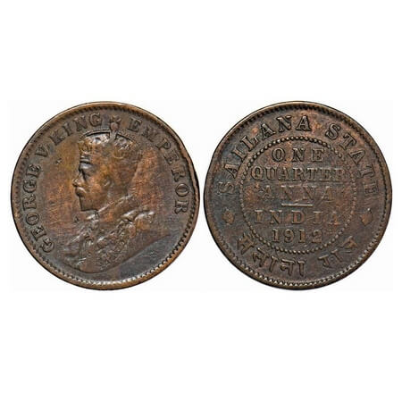 Sailana, Copper ¼ Anna, 4.77g, Jaswant Singh (1890-1919 AD), 1912 AD, bust of George V on