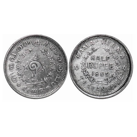 Travancore, Silver ½ Chitra Rupee, 5.22g, Rama Varma VI (ME 1061-1099 / 1885-1924 AD), ME 