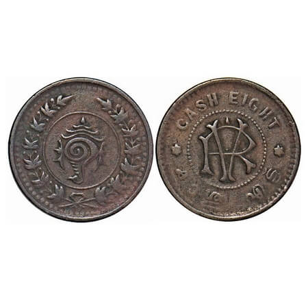 Travancore, Copper Cash 8, 4.77g, Rama Verma VI (ME 1062-1101/1885-1924 AD), struck during