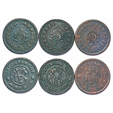 Travancore, Copper Chuckrum One (1901-1910 AD) (3 Coins), 9.87,9.42,9.47g, Rama Varma VI (