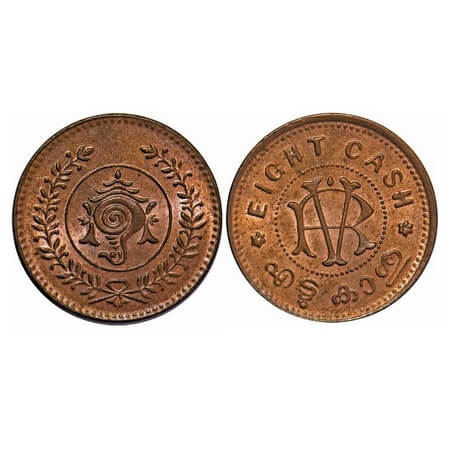 Travancore, Copper 8 Cash, 5.26g, Rama Varma VI (ME 1062-1101 / 1885-1924 AD), ND type (19