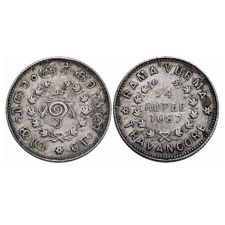 Travancore, Silver, ¼ Rupee, 2.59g, Rama Varma VI (ME 1062-1101 / 1885-1924 AD), ME 1087.