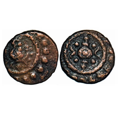 Travancore, Copper Thirai Cash, 1.05g, Obv: flower, Rev: conch. BS 369 type different. Fin