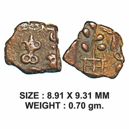 Pre-Satavahana, Vidarbha Region (Bhon area), Uninscribed type, Copper Fraction, 0.70g, Obv