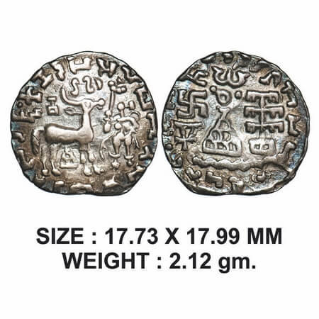 Kunindas, Amoghabhuti (c. 200 BC), Silver Drachma, 2.12g, Three arched hill with parasol u