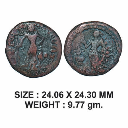 Yaudheya, Karttikeya-Devasena type, Copper Unit, 9.77g, , Obv: Karttikeya standing facing,