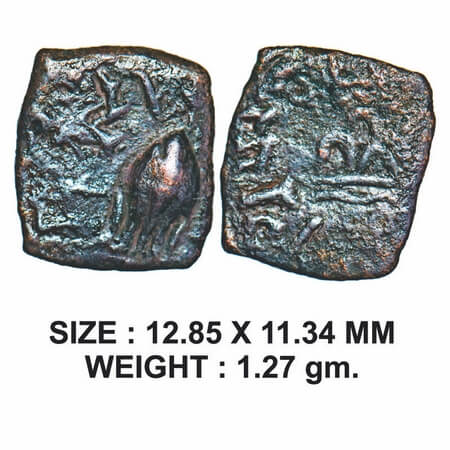Western Kshatrapas, Rudradaman (c. 140-165 SE), Facing Bull Type, Copper Unit, 1.27g. Obv: