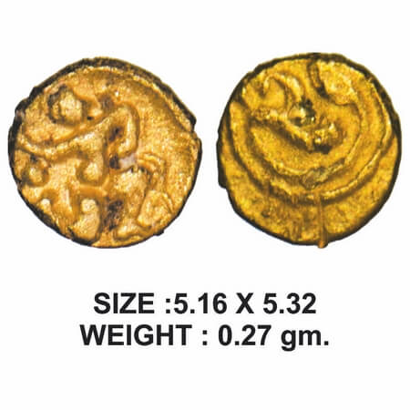 Shilaharas of Karad, Wai Region, Gold Fanam, 0.27g, Obv: Garuda running to right holding s