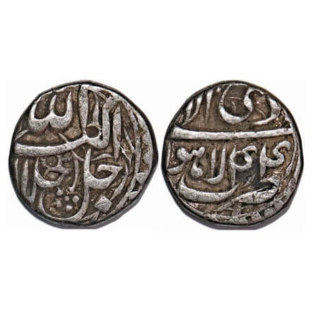 Akbar, Silver ½ Rupee, 5.63g, Lahore Mint, Ilahi Type, Month 'Di', Year 44. KM 66.3. About