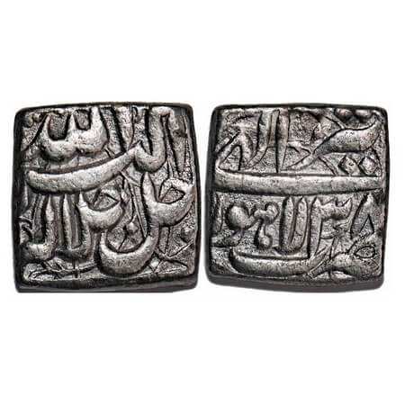 Akbar, Silver Square Rupee, 11.08g, Lahore Mint, Ilahi Type, Month 'Tir', Year 38, KM 88.3