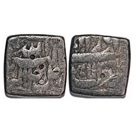 Akbar, Silver Square Rupee, 11.11g, Lahore Mint, Ilahi Type, Month 'Azar', Year 36, KM 88.