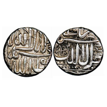 Akbar, Silver Mahmudi, 5.63g, (Mulher) Mint, Kalima Type, Swastik symbol on rev. KM 72.1. 