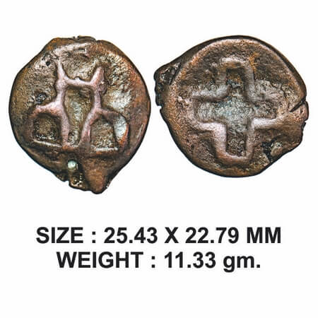 Mauryan Period, Vidarbha Region (Paoni area), Cast Copper, 11.33g, Obv: Three arched hill 