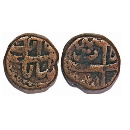 Shah Jahan I, Copper ½ Dam, 10.14g, Bairata Mint, Sahib-a-Qiran type, AH 104x. About Very 