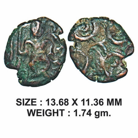 Post-Mauryan, Ujjaini Region, Uninscribed type, Copper, 1.74g, Obv: Mahakal standing facin
