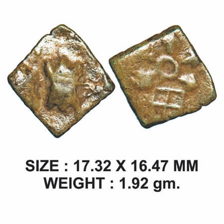 Post-Mauryan, Saurashtra Region, Uninscribed type, Copper Unit, 1.92g, Obv: Five arms rail