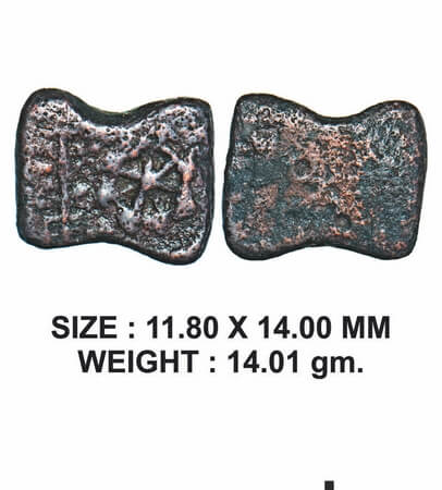 Post-Mauryan, Ujjaini Region, Damru shaped type, Copper Unit, 3.13g, Obv: Eight spoked whe