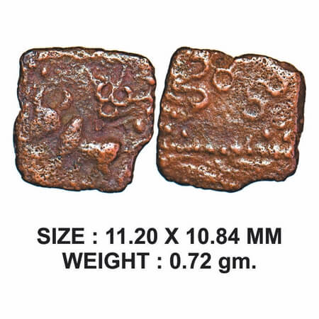Post-Mauryan, Ujjaini Region Uninscribed type, Copper Fraction, 0.72g, Obv: Humped bull wa