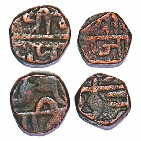 Maratha Confederacy, Copper Shivrai Paisa (2 Coins), 9.43,9.82g, Bold Letters type, Obv: S