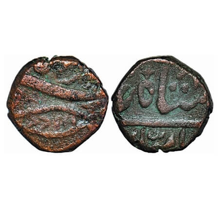 Maratha Confederacy, Copper Paisa, 8.75g, (Agra) Akbarabad Mint, INO Shah Aam II, Rev: Fis