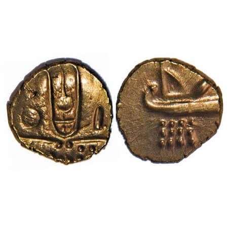 Maratha Confederacy-Tanjore, Gold Fanam, 0.40g, Venkaji, Obv: Stylised lion, nagari letter