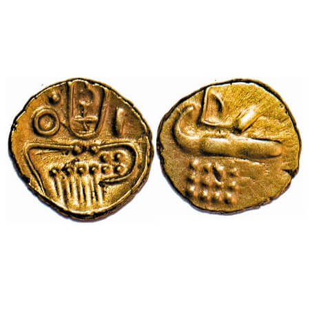 Maratha Confederacy-Tanjore, Gold Fanam, 0.39g, Venkaji, Obv: Stylised lion, nagari letter