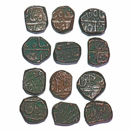 Nagpur Bhonslas, Copper Paisa (6 coins), Raghoji II & Unattributed types, INO Shah Alam II