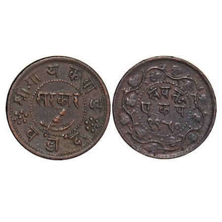 Baroda, Copper Pai, 2.09g, Sayaji Rao III, VS 1950 (1893 AD), Error die crack. KM 30.2a. V