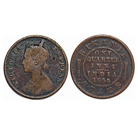 Bikanir, Copper ¼ Anna, 6.26g, Ganga Singh ( VS 1944-1999 / 1887-1942 AD), 1895 AD, with t