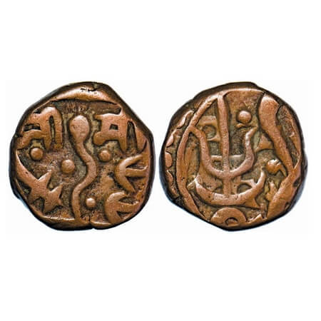 Gwalior, Copper Paisa, 8.79g, Jankoji Rao (AH 1243-1259/1827-1843 AD), snake between lette