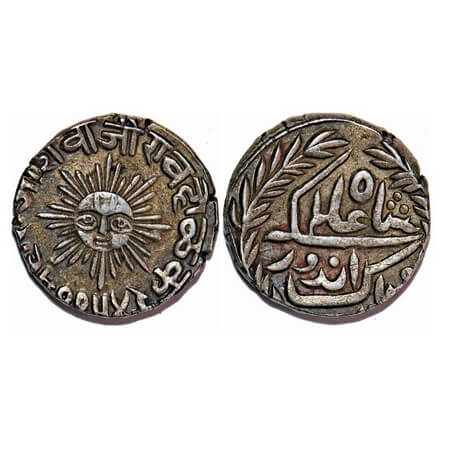 Indore, Silver Rupee, 11.19g, Shivaji Rao Holkar, INO Shah Alam II, VS 1954 Obv: Sun face 