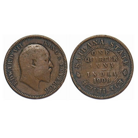 Sailana, Copper ¼ Anna, 4.72g, Jaswant Singh (1890-1919 AD), 1908 AD, bust of Edward VII o