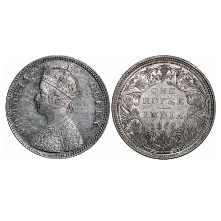 Victoria Queen, Silver, Rupee, 1862, Bombay Mint, A/II/0/6, Complete 'D' in India, w/o ini