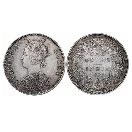 Victoria Queen, Silver, Rupee, 1862, Bombay Mint, A/II/0/7, w/o initial 'J'. F. Prid 87. G