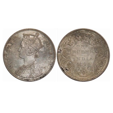 Victoria Queen, Silver, Rupee, 1862, Bombay Mint, A/II/0/10, w/o initial 'J'. F. Prid 93. 