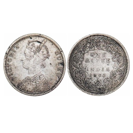 Victoria Queen, Silver, Rupee, 1862, Bombay Mint, A/I/1/2, With initial 'J'. F. Prid 102. 