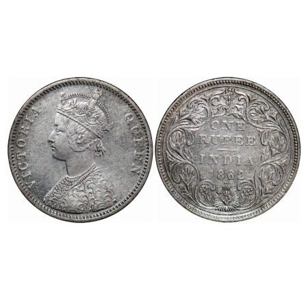 Victoria Queen, Silver, Rupee, 1862, Bombay Mint, A/II/1/2, With initial 'J', A micro dot 
