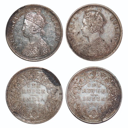 Victoria Queen, Silver, Rupee, (2 coins), 1862, Bombay Mint, 1) A/II/1/2, With initial 'J'