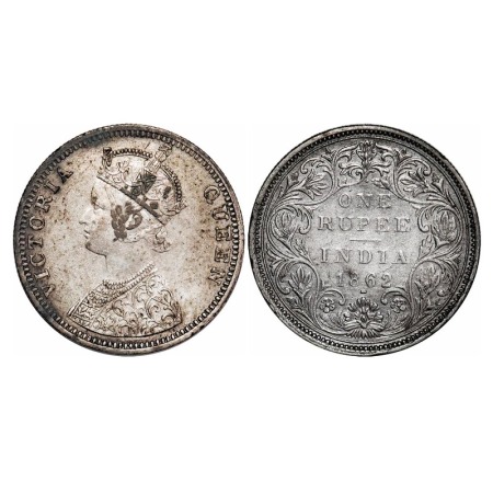 Victoria Queen, Silver, Rupee, 1862, Bombay Mint, C/II/1/2, Two dots above the bottom flow