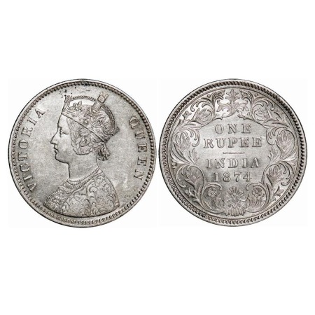 Victoria Queen, Silver, Rupee, 1874, Calcutta Mint, A1/I, No mint mark. F. Prid 112. GK 41