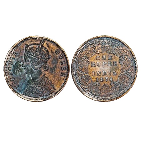 Victoria Queen, Silver, Rupee, 1874, Calcutta Mint, A1/I, No mint mark. F. Prid 112. GK 41