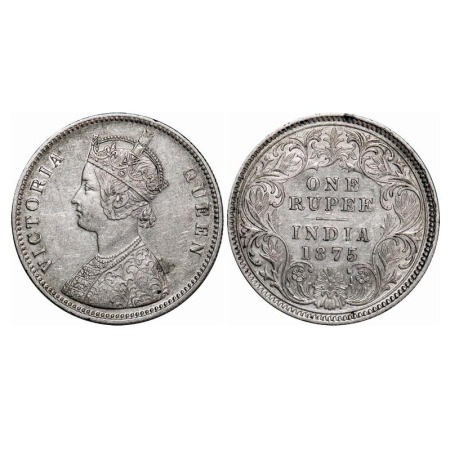 Victoria Queen, Silver, Rupee, 1875, Calcutta Mint, A1/I, No mint mark, Top stroke of nume