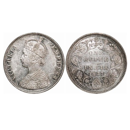 Victoria Empress, Silver, Rupee, 1877, Bombay Mint, A3/II(i), Dot, Privy marks letter 'V' 